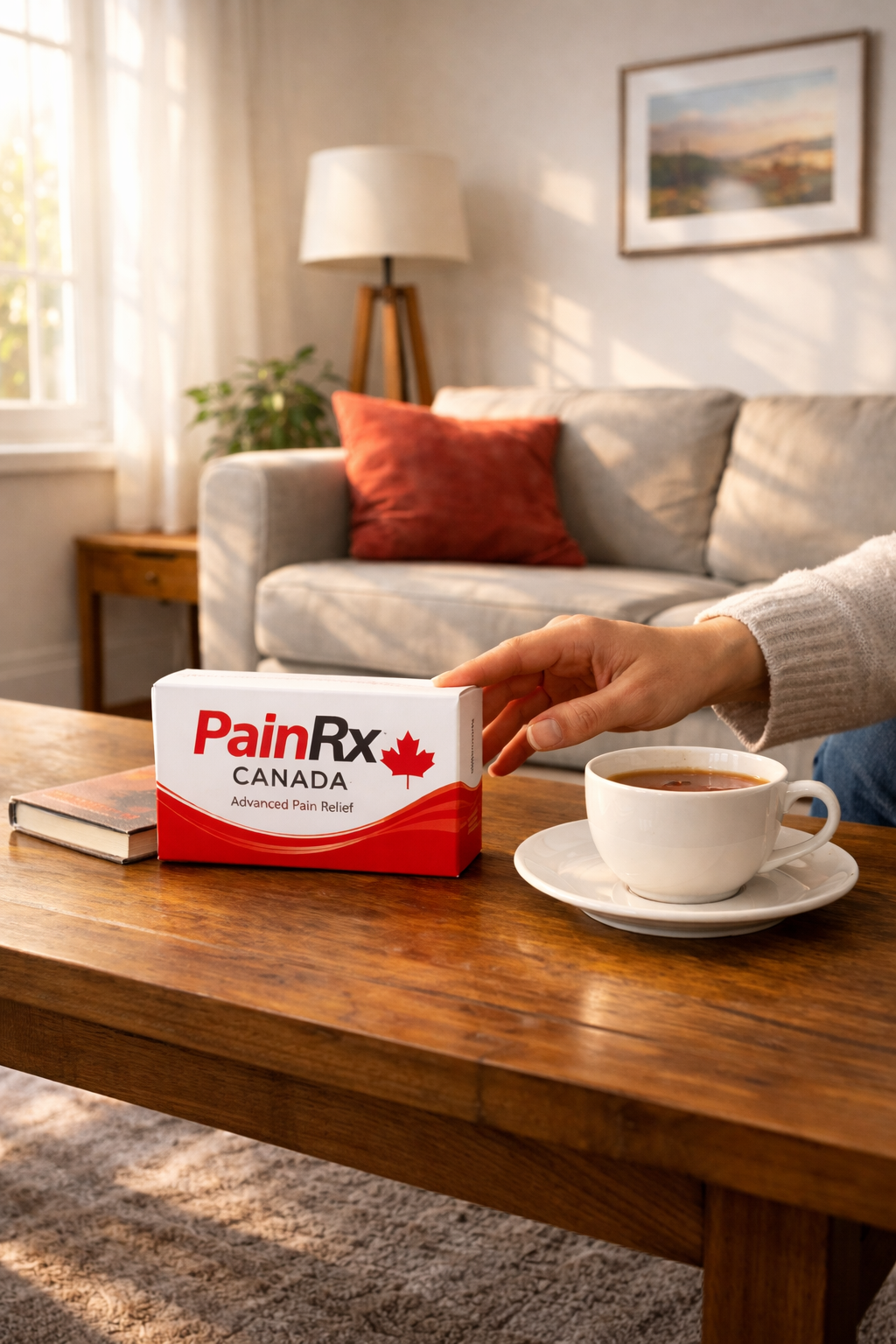 A sunlit modern living room with white walls and warm wood tones. On a wooden coffee table sits a red-and-white PainRx Canada pain relief box next to a white cup of tea, while a person’s hand reaches toward the package.