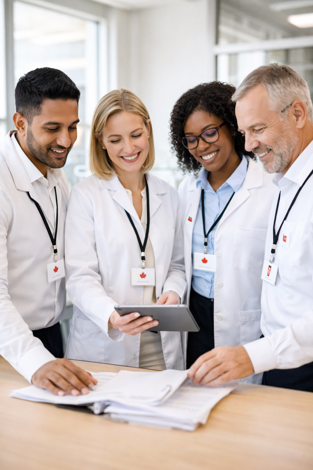 Four diverse professionals in white lab coats and business casual attire stand around a table in a bright modern office, smiling while reviewing documents and a tablet, wearing lanyards with small red logo accents.