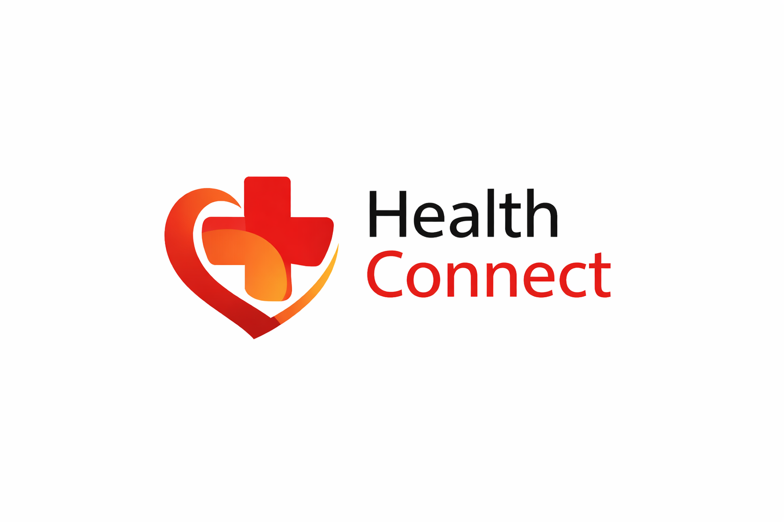HealthConnect logo featuring a red-to-orange gradient heart enclosing a red medical cross, with “HealthConnect” written beside it in black and red modern font.