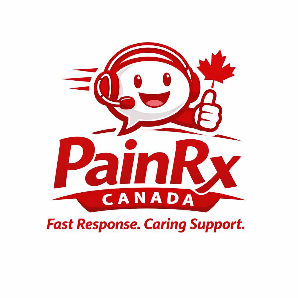 PainRx Canada red and white rectangular logo featuring a smiling customer support speech bubble with headset, maple leaf icon, and the slogan “Fast Response. Caring Support.”