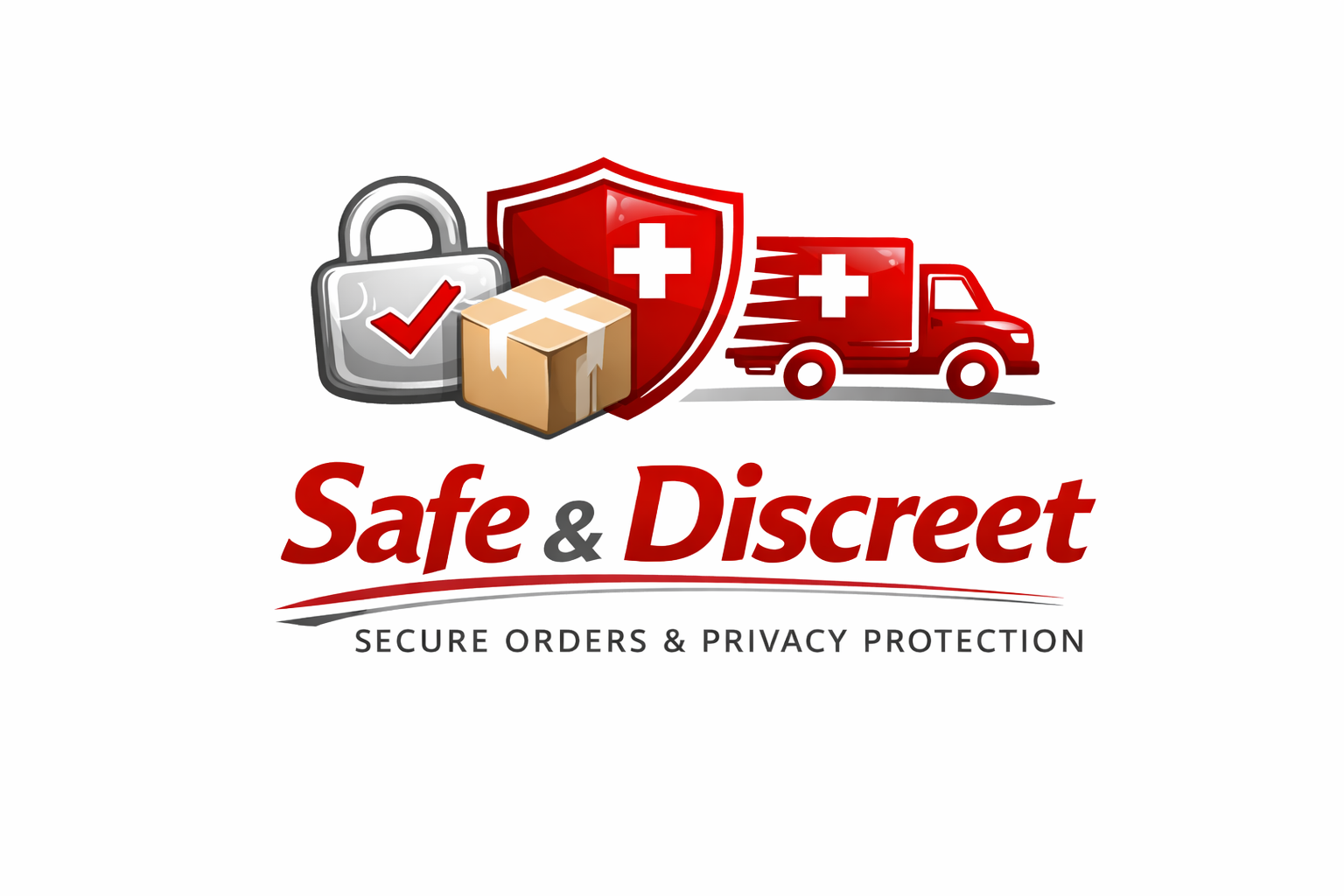 PainRx Canada Safe and Discreet logo with red shield, secure padlock, discreet package box, and delivery truck symbolizing private and protected shipping.