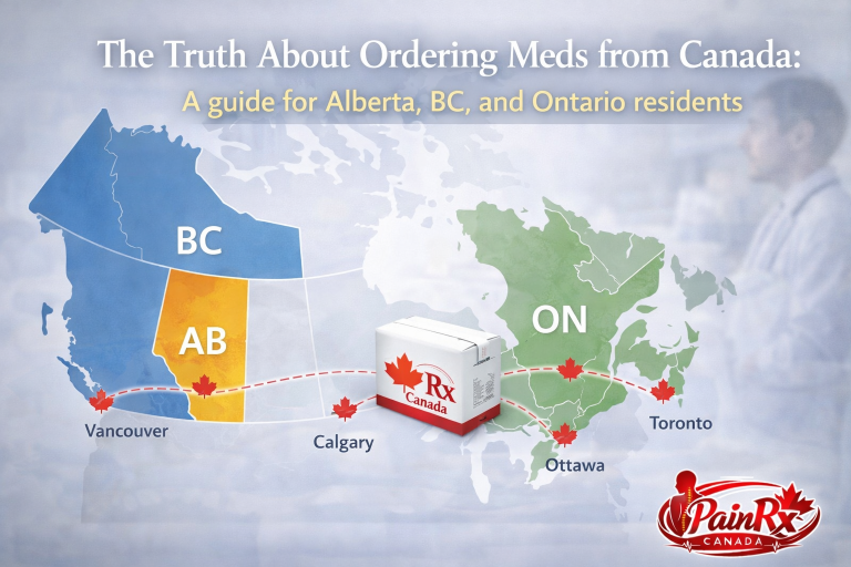 Map of Canada highlighting Alberta, British Columbia, and Ontario with prescription package and delivery route lines – guide to ordering medication from Canada