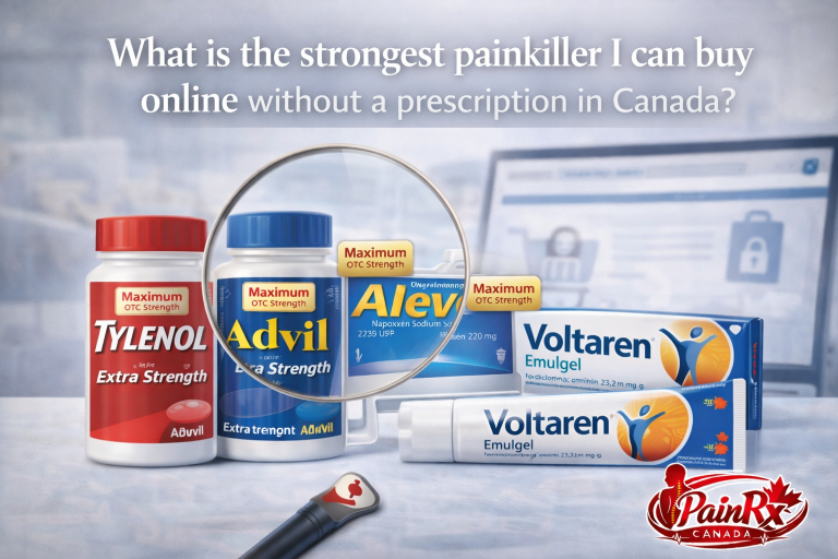 Extra Strength Tylenol, Extra Strength Advil, Aleve, and Voltaren Emulgel labeled “Maximum OTC Strength” with magnifying glass and online pharmacy screen in Canada