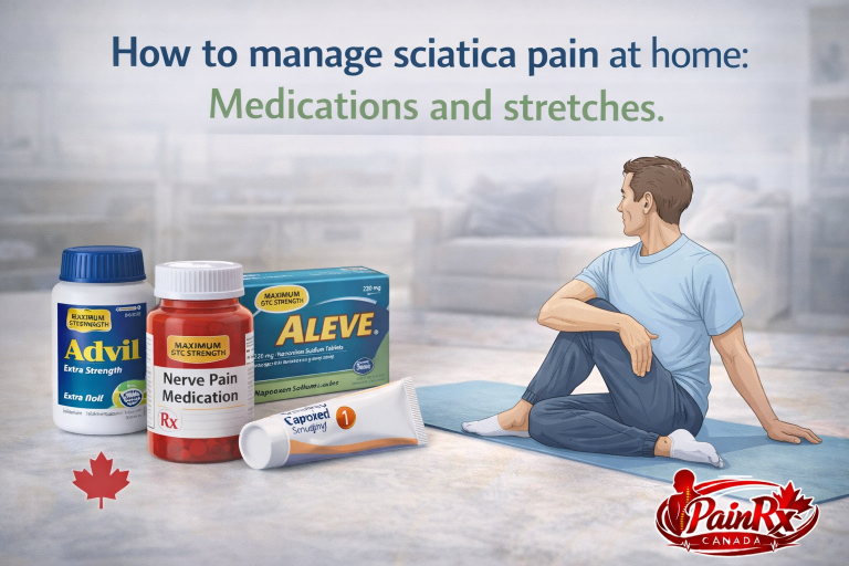 Advil, Aleve, and prescription nerve pain medication beside illustration of seated spinal twist stretch for sciatica relief at home in Canada