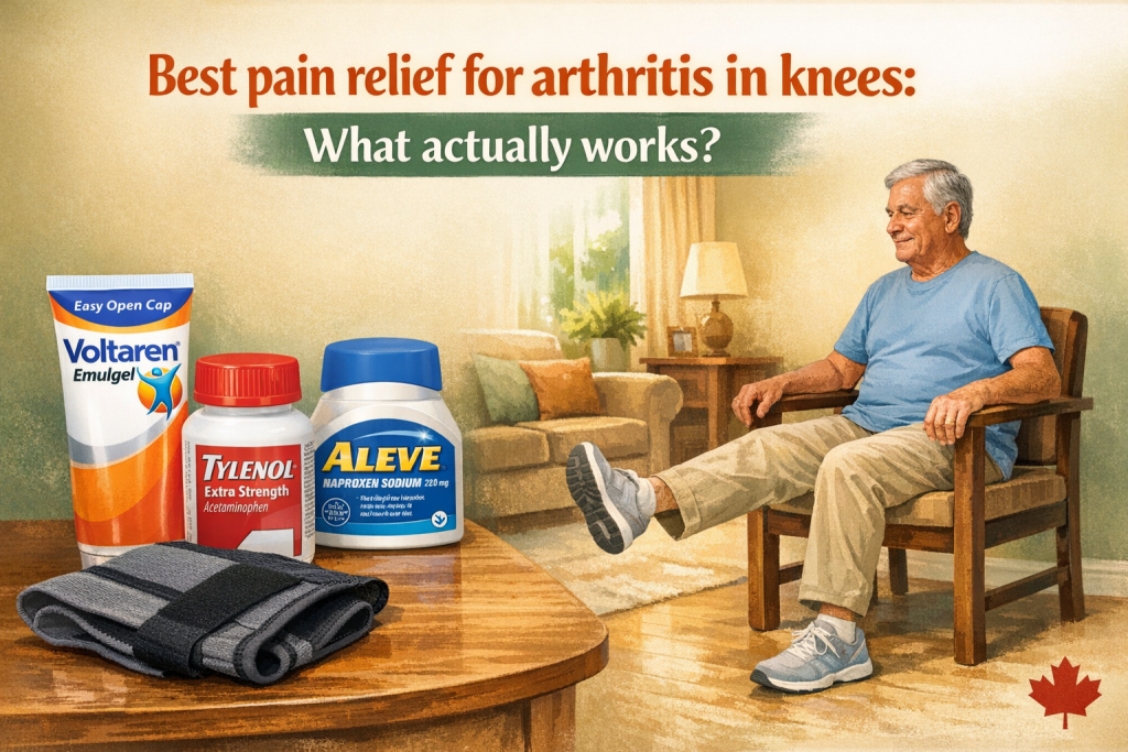 Older Canadian adult performing a seated knee exercise beside Voltaren Emulgel, Extra Strength Tylenol, Aleve naproxen, and a supportive knee brace in a warm home setting with maple leaf icon and text about arthritis knee pain relief.