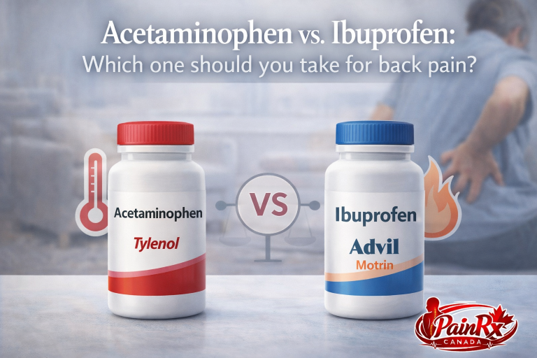 Acetaminophen (Tylenol) and Ibuprofen (Advil, Motrin) bottles side by side with back pain context and PainRx Canada logo – comparison for back pain relief