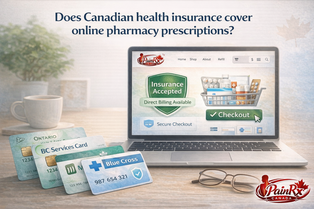 A laptop displaying an online pharmacy checkout with insurance cards fanned out in front, illustrating Canadian health insurance coverage for online prescriptions.

