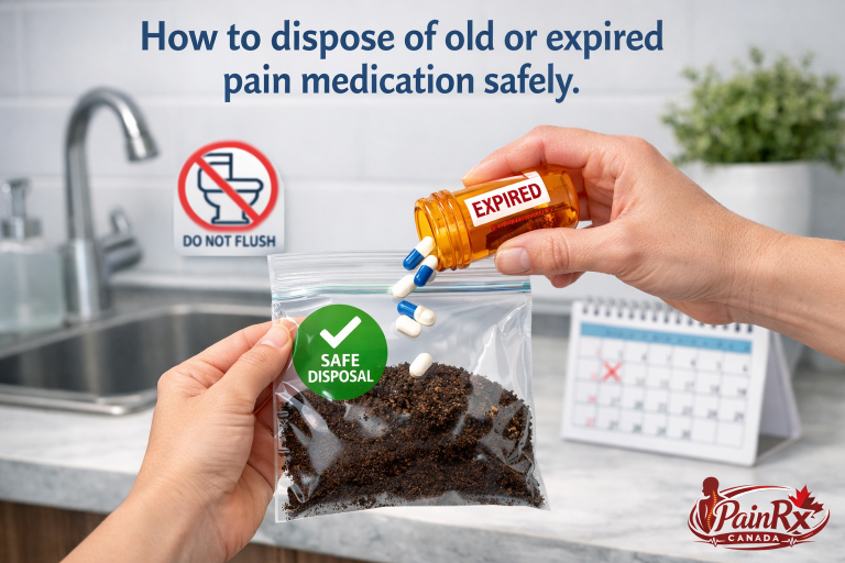 Hands in a bright kitchen setting pour pills from an amber prescription bottle labeled “EXPIRED” into a resealable bag filled with coffee grounds. A green “Safe Disposal” icon appears on the bag, a “Do Not Flush” sign is visible near the sink in the background, and the PainRx Canada logo is placed in the bottom right corner. Overlay text reads, “How to dispose of old or expired pain medication safely.
