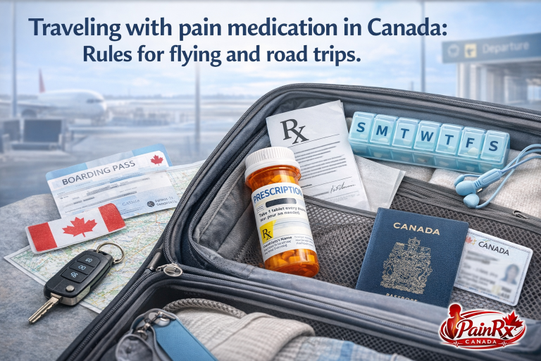 An open carry-on suitcase shows a prescription medication bottle, weekly pill organizer, printed doctor’s note, Canadian passport, boarding pass with a maple leaf, and car keys on a map. The background shows a blurred airport and highway scene. Overlay text reads, “Traveling with pain medication in Canada: Rules for flying and road trips.” The PainRx Canada logo appears in the bottom right corner.