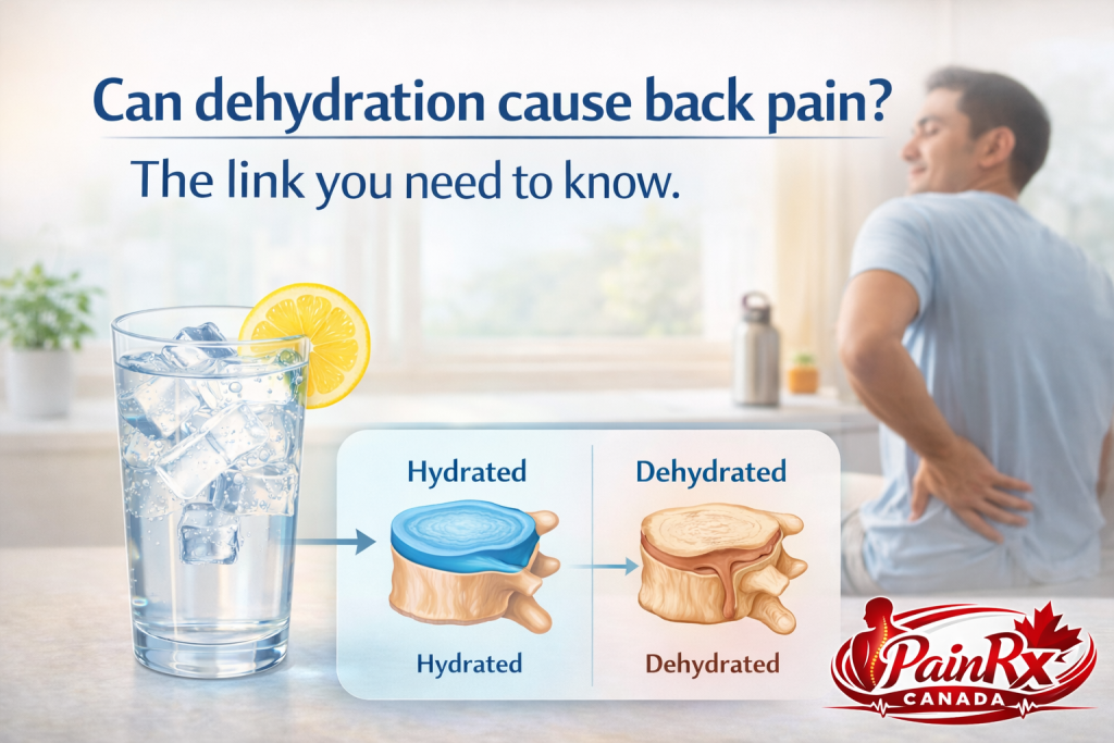 Infographic showing how dehydration may cause back pain with glass of water and comparison of hydrated vs dehydrated spinal disc illustration