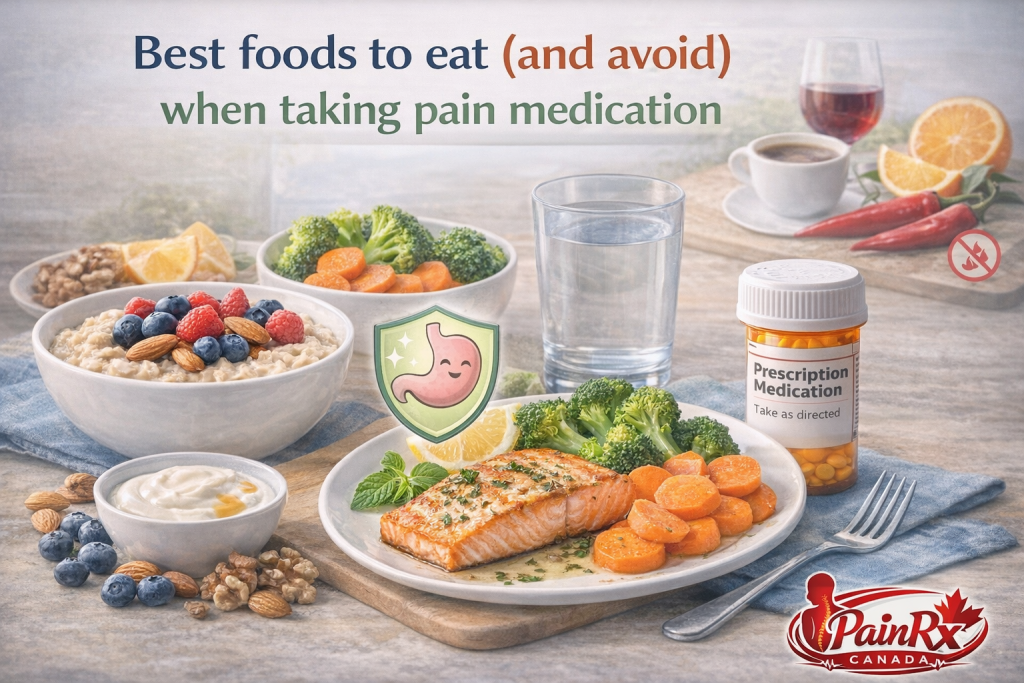 Healthy stomach-friendly foods like oatmeal, yogurt, salmon, and vegetables beside a prescription bottle, with wine, coffee, and spicy foods shown to avoid when taking pain medication.