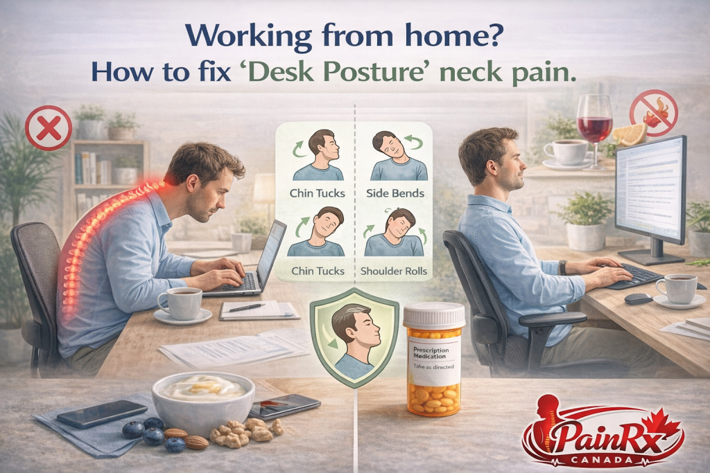 Side-by-side comparison of poor and good desk posture with stretch icons, teaching how to fix desk posture neck pain when working from home.