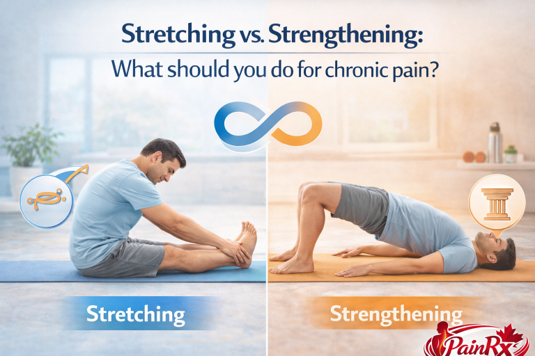 Infographic showing stretching vs strengthening exercises for chronic pain with split image of flexibility exercises and strength training for pain relief