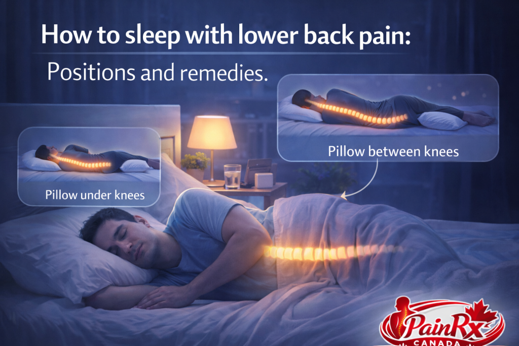 A person sleeping peacefully in bed with inset illustrations showing proper back and side sleeping positions, teaching how to sleep with lower back pain.

