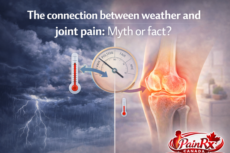 Split image showing stormy weather on one side and an inflamed knee joint on the other, exploring the connection between weather and joint pain.
