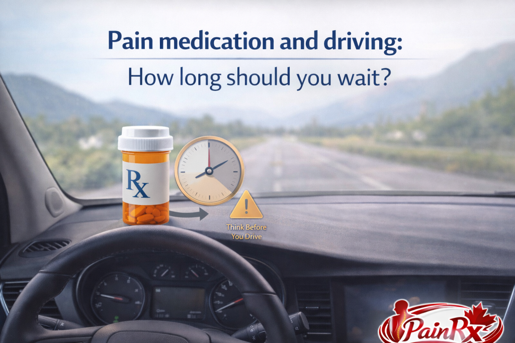 A parked car dashboard with a prescription bottle and clock symbol, asking about pain medication and driving how long to wait for safety.