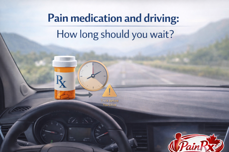 A parked car dashboard with a prescription bottle and clock symbol, asking about pain medication and driving how long to wait for safety.