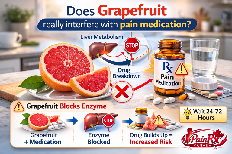 A fresh grapefruit and a prescription bottle separated by a warning symbol, asking does grapefruit really interfere with pain medication.