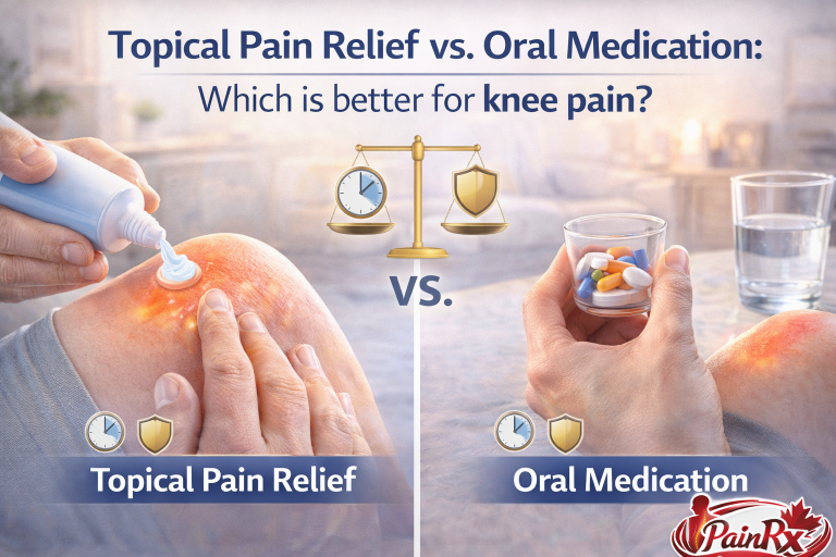 Split image showing topical cream applied to a knee on one side and oral pills with water on the other, comparing topical pain relief vs oral medication for knee pain.