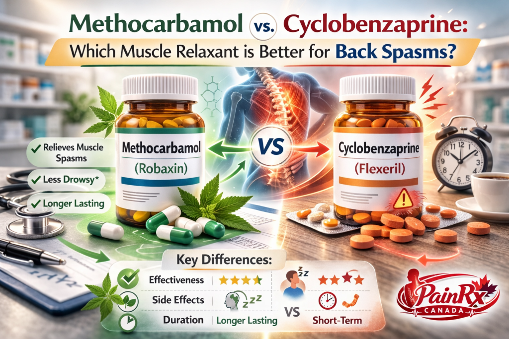 Two prescription bottles for methocarbamol and cyclobenzaprine with a spine illustration between them, comparing methocarbamol vs cyclobenzaprine for back spasms.