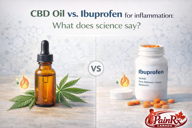 Split image showing CBD oil on one side and ibuprofen on the other, comparing CBD oil vs ibuprofen for inflammation with scientific evidence.
