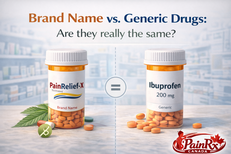 Two prescription bottles showing brand name and generic versions with an equals sign between them, answering brand name vs generic drugs are they the same.