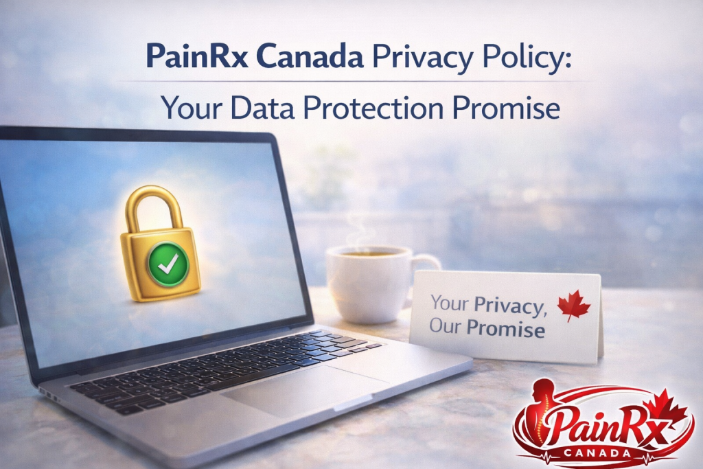 Secure laptop with padlock icon representing PainRx Canada privacy policy and customer data protection commitment.