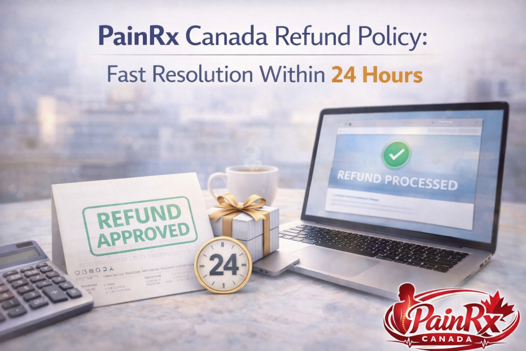Calculator, receipt with refund approved stamp, and clock showing 24 hours representing PainRx Canada refund policy and fast resolution.