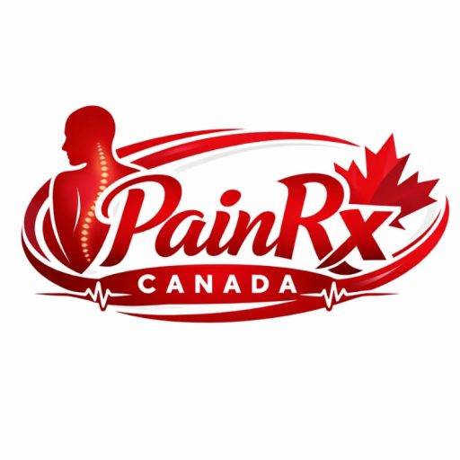 PainRx Canada red and white medical pharmacy logo with maple leaf and spine design symbolizing pain relief and healthcare in Canada.
