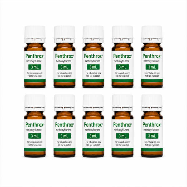 Penthrox (methoxyflurane) 3 mL amber glass bottle with white child-resistant cap on a white background, available for purchase online from PainRx Canada.