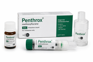 Buy Penthrox Combination Pack Canada containing 1 x 3 mL methoxyflurane bottle, 1 inhaler and 1 AC chamber displayed in original packaging on a white background.