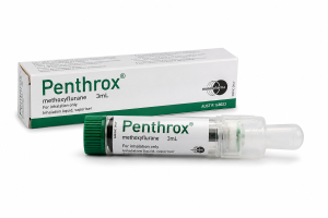 Buy Penthrox Inhaler Canada product image showing the methoxyflurane inhaler device and packaging box on a clean white background with clear labeling for pain relief treatment.