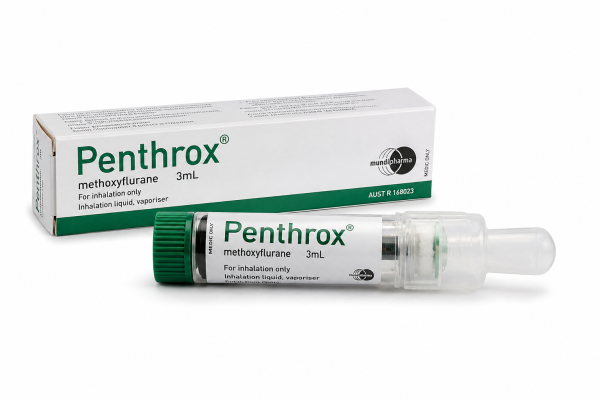 Buy Penthrox Inhaler Canada product image showing the methoxyflurane inhaler device and packaging box on a clean white background with clear labeling for pain relief treatment.