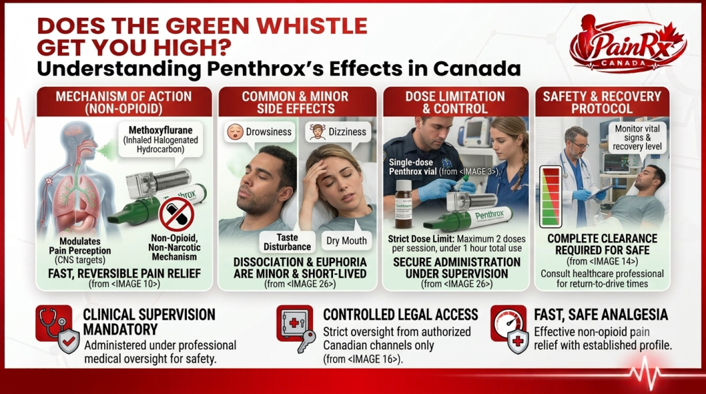 Infographic titled "Does the Green Whistle Get You High? Understanding Penthrox's Effects in Canada" from PainRx Canada, with four panels covering methoxyflurane's non-opioid mechanism of action, common minor side effects, dose limitation and control protocols, and safety and recovery monitoring requirements.