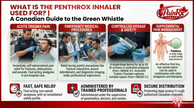 Infographic explaining what the Penthrox inhaler (Methoxyflurane/Green Whistle) is used for in Canada, including emergency trauma pain relief, medical procedures, controlled dosing, and non-opioid pain management.