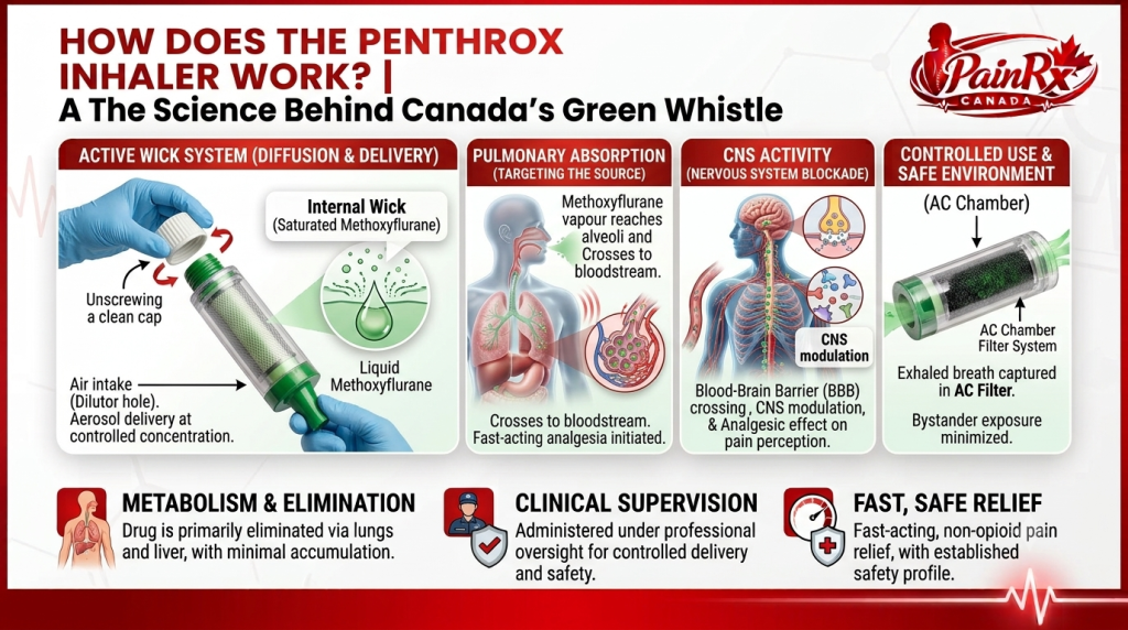 Infographic explaining how the Penthrox inhaler (Methoxyflurane/Green Whistle) works in Canada, including vapour delivery, pulmonary absorption, central nervous system action, and safe clinical use.
