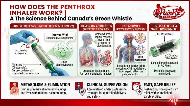 Infographic explaining how the Penthrox inhaler (Methoxyflurane/Green Whistle) works in Canada, including vapour delivery, pulmonary absorption, central nervous system action, and safe clinical use.
