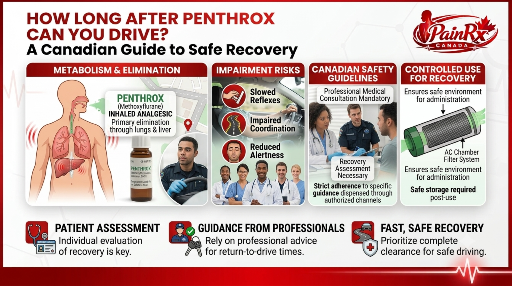 Infographic explaining how long after using Penthrox (Methoxyflurane/Green Whistle) you can drive in Canada, covering impairment risks, recovery assessment, medical guidance, and safe return-to-driving recommendations.