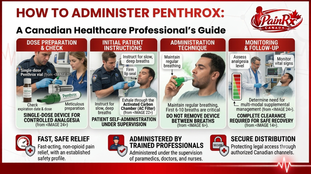 Infographic explaining what the Penthrox inhaler (Methoxyflurane/Green Whistle) is used for in Canada, including emergency trauma pain relief, medical procedures, controlled dosing, and non-opioid pain management.