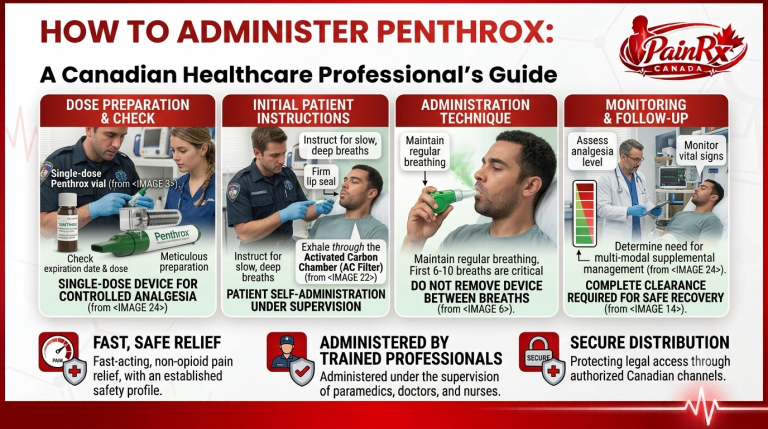 Infographic explaining what the Penthrox inhaler (Methoxyflurane/Green Whistle) is used for in Canada, including emergency trauma pain relief, medical procedures, controlled dosing, and non-opioid pain management.