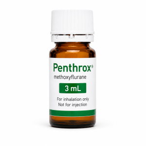 Penthrox (methoxyflurane) 3 mL amber glass bottle with white child-resistant cap on a white background, available for purchase online from PainRx Canada.