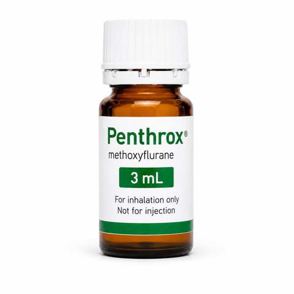 Penthrox (methoxyflurane) 3 mL amber glass bottle with white child-resistant cap on a white background, available for purchase online from PainRx Canada.