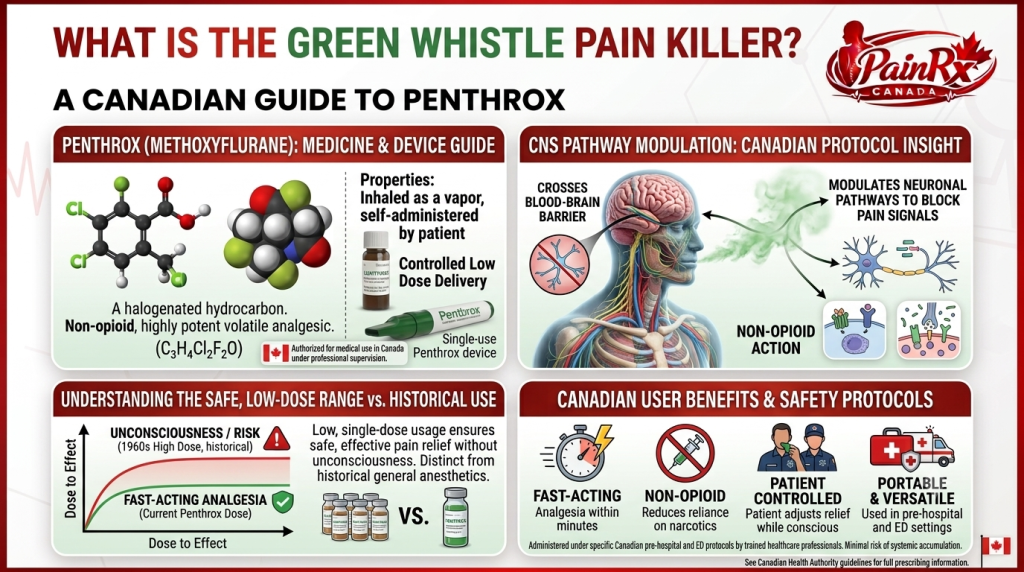 Infographic titled "What Is the Green Whistle Pain Killer? A Canadian Guide to Penthrox" from PainRx Canada, with four panels covering methoxyflurane's chemical properties and Canadian authorisation, its CNS pain-blocking mechanism, a dose-range chart comparing current analgesic use to historical anaesthetic risk, and Canadian user benefits including fast action, non-opioid status, patient control, and portability.
