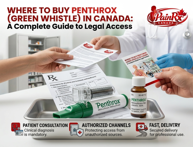 Where to buy Penthrox (Green Whistle) in Canada infographic showing legal access through authorized healthcare providers, prescription requirements, patient consultation, and licensed distribution channels.