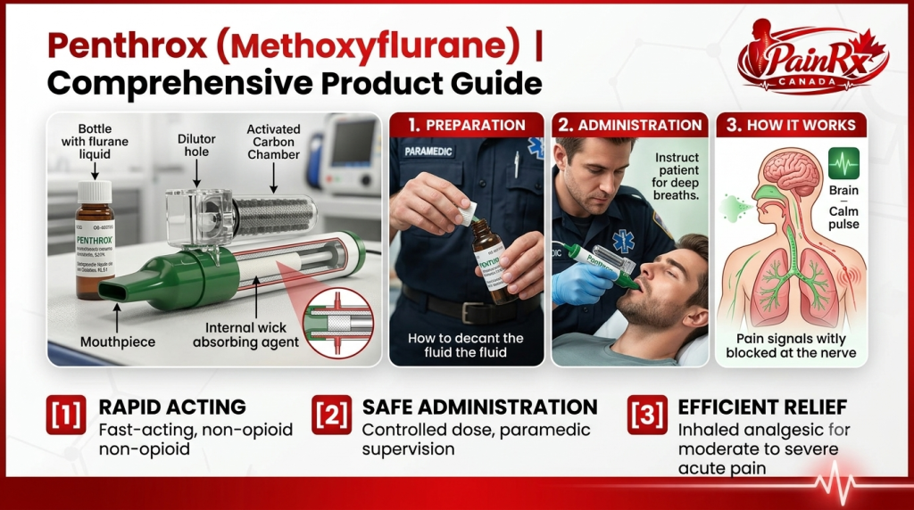 Educational infographic about Penthrox (Methoxyflurane) on the PainRx Canada website, showing the device components, paramedic preparation, administration to a patient, and a diagram of how it blocks acute pain signals.