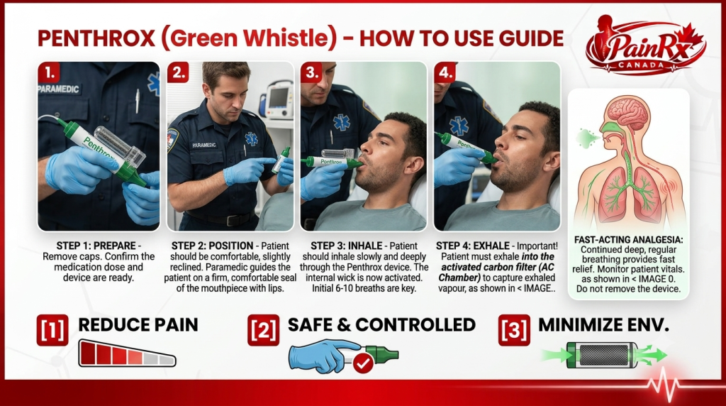 A close-up view of a paramedic guiding a patient through Penthrox administration. The primary scene shows a trained professional ensuring a proper mouth seal on the Green Whistle. It's part of a PainRx Canada instructional series, featuring the company logo and anatomical diagrams showing pain reduction.
