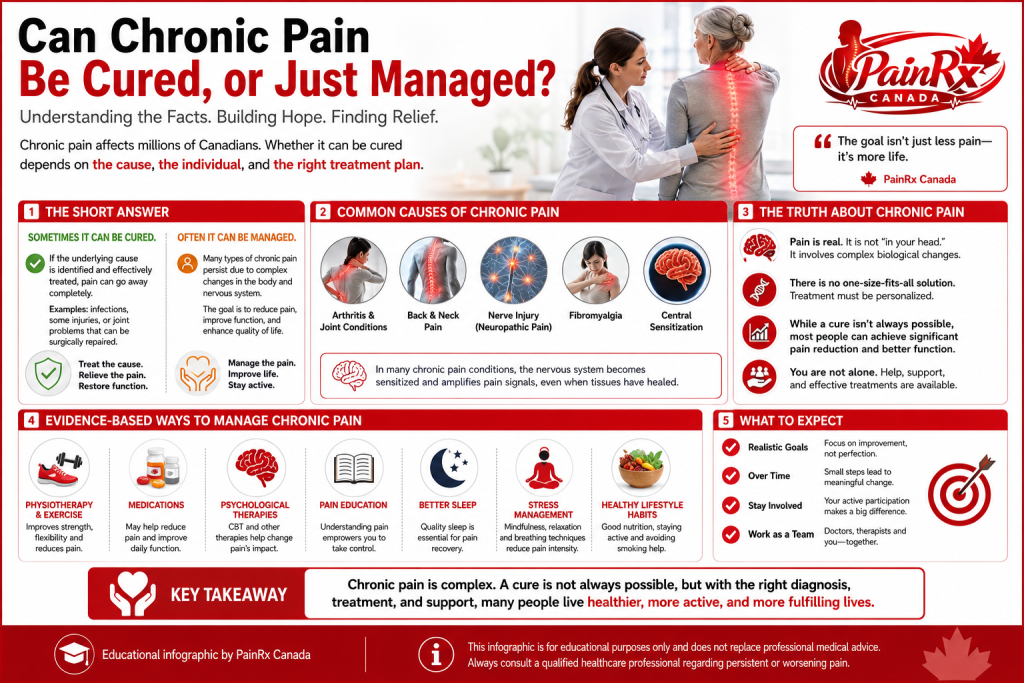 Medical infographic explaining whether chronic pain can be cured or managed, showing a healthcare professional supporting a patient alongside illustrations of the brain, spine, joints, healthy lifestyle habits, medications, physiotherapy, exercise, and pain management strategies. Features the PainRx Canada logo with a clean red-and-white medical design.