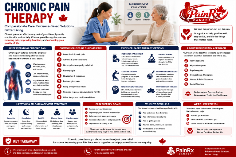 Educational infographic about chronic pain management in Vancouver featuring healthcare professionals consulting with a patient, Vancouver skyline, spine and joint illustrations, physiotherapy, medications, exercise therapy, mental health support, lifestyle strategies, and multidisciplinary pain care. Includes the PainRx Canada logo in a professional red-and-white healthcare design.
