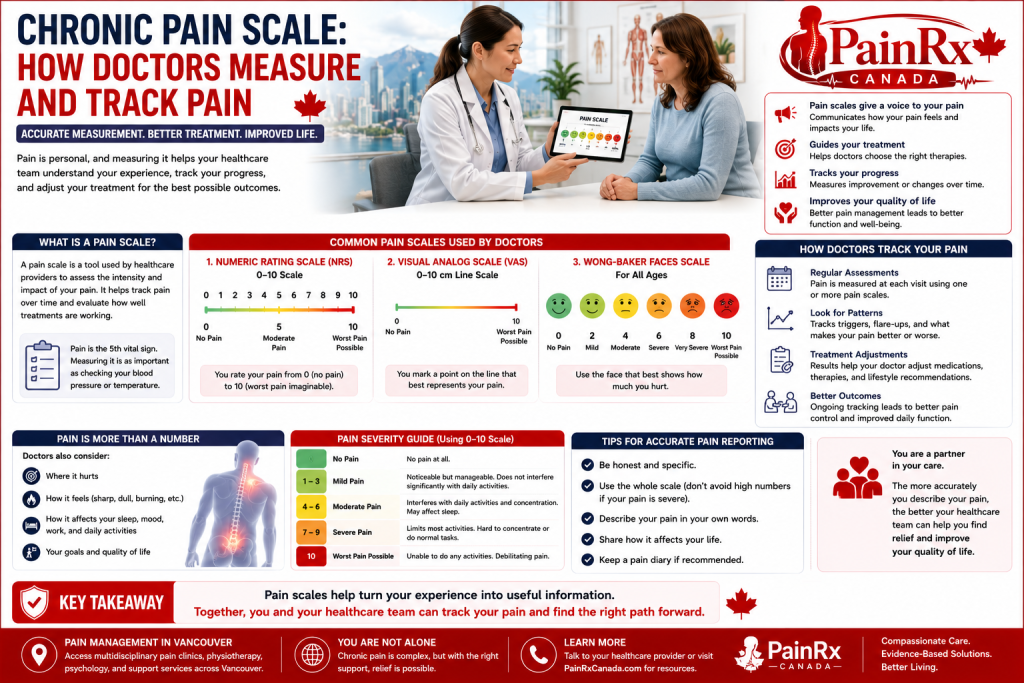 Educational infographic explaining chronic pain scales used by healthcare professionals, including the Numeric Rating Scale (NRS), Visual Analog Scale (VAS), and Wong-Baker Faces Pain Scale. Features pain severity levels, pain tracking methods, symptom reporting tips, and patient-doctor communication with the PainRx Canada logo in a professional red-and-white medical design.
