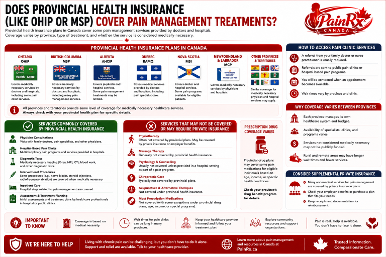 Educational infographic explaining whether provincial health insurance plans such as OHIP, MSP, RAMQ, AHCIP, MSI, and MCP cover pain management treatments in Canada. The infographic includes a province-by-province comparison, covered versus non-covered services, referral information, prescription drug coverage, and private insurance options. Features the PainRx Canada logo in the top-right corner with a professional red-and-white healthcare design.